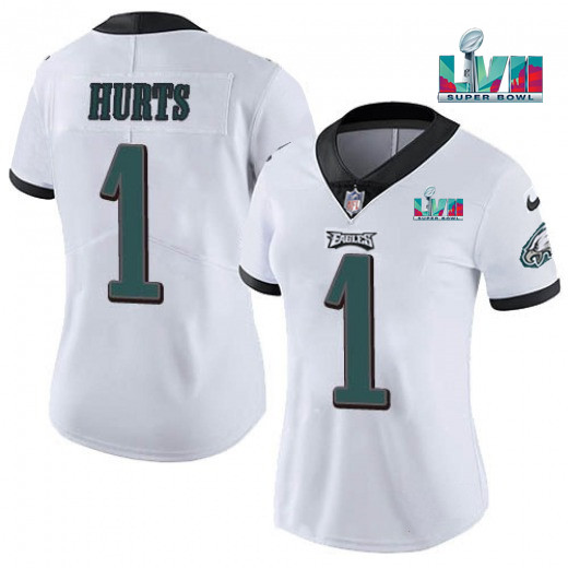 Women's Philadelphia Eagles #1 Jalen Hurts White Super Bolw LVII Patch Vapor Untouchable Limited Stitched Football Jersey(Run Small) Women's Philadelphia Eagles #1 Jalen Hurts White Super Bolw LVII Patch Vapor Untouchable Limited Stitched Football Jersey(Run Small)