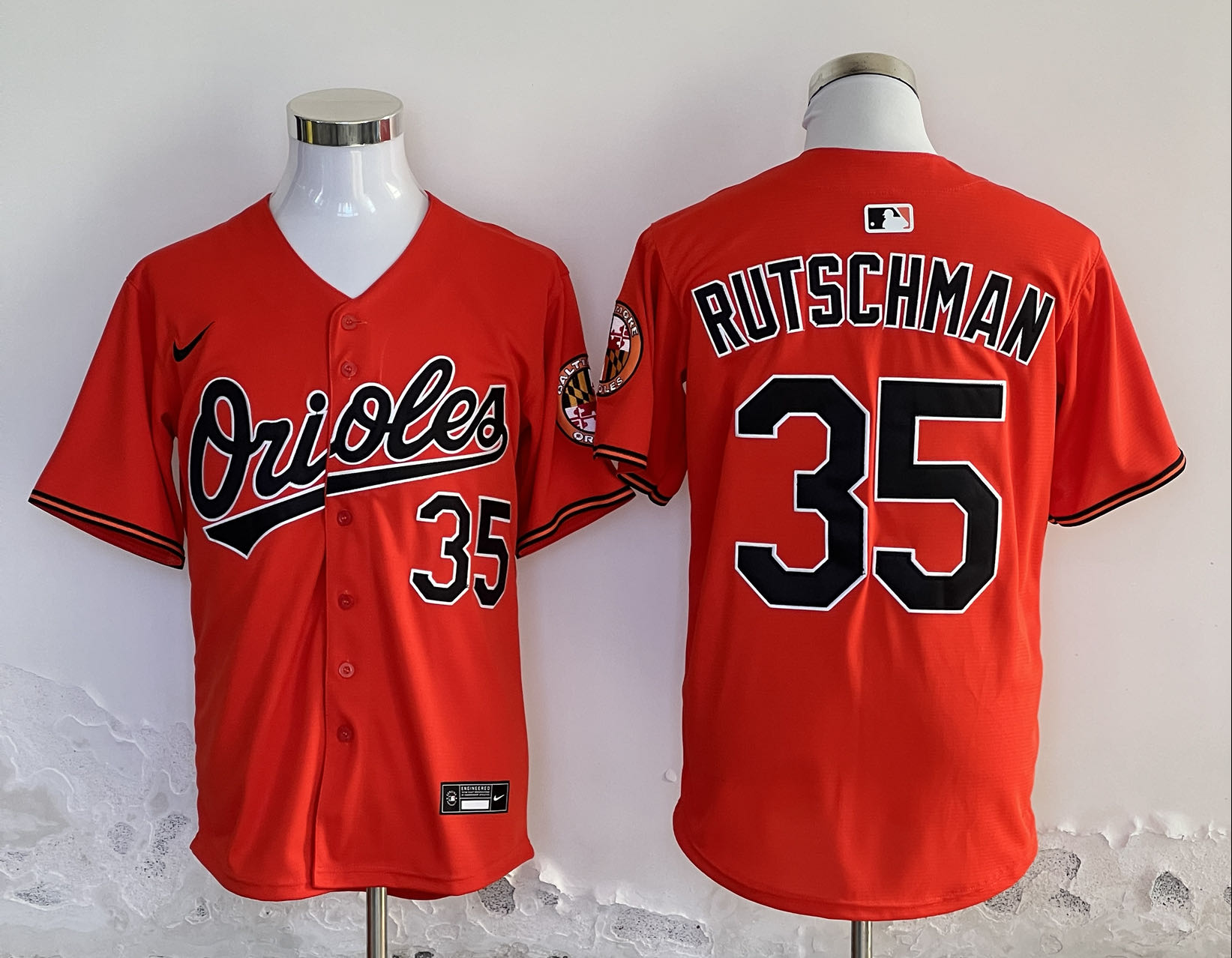 Men's Baltimore Orioles #35 Adley Rutschman Orange 2024 With Patch Cool Base Stitched Baseball Jersey