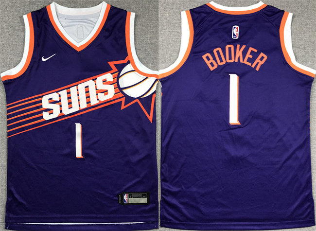 Youth Phoenix Suns #1 Devin Booker Purple 2023 Icon Edition Stitched Basketball Jersey