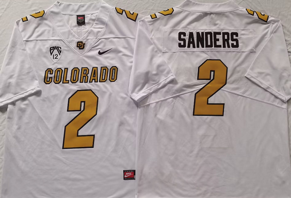 Men's Colorado Buffaloes #2 Shedeur Sanders White With PAC-12 Patch Stitched Football Jersey