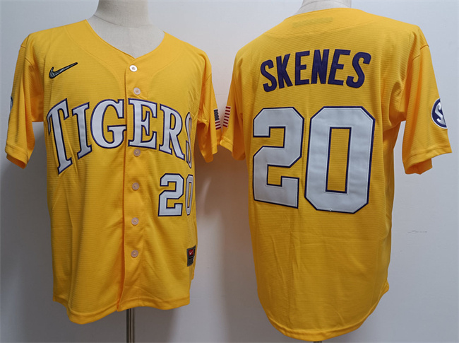 Men's LSU Tigers #20 Paul Skenes Gold 2023 Stitched Baseball Jersey Men's LSU Tigers #20 Paul Skenes Gold 2023 Stitched Baseball Jersey
