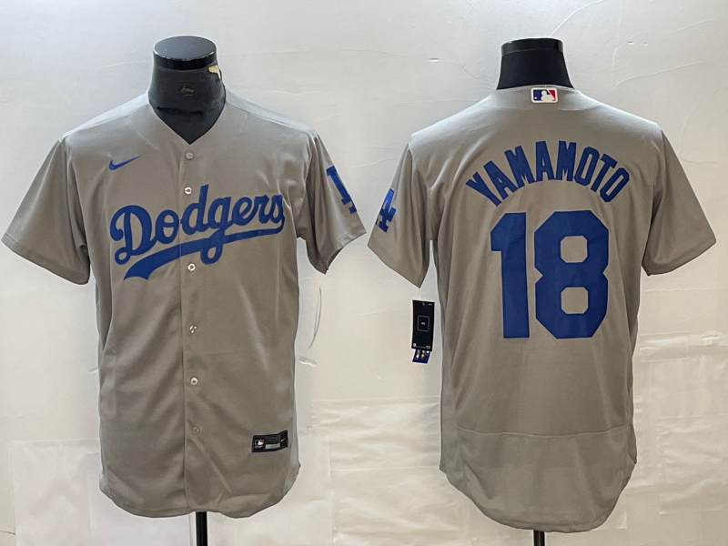Men's Los Angeles Dodgers #18 Yoshinobu Yamamoto Gray 2023 Flex Base Stitched Baseball Jersey