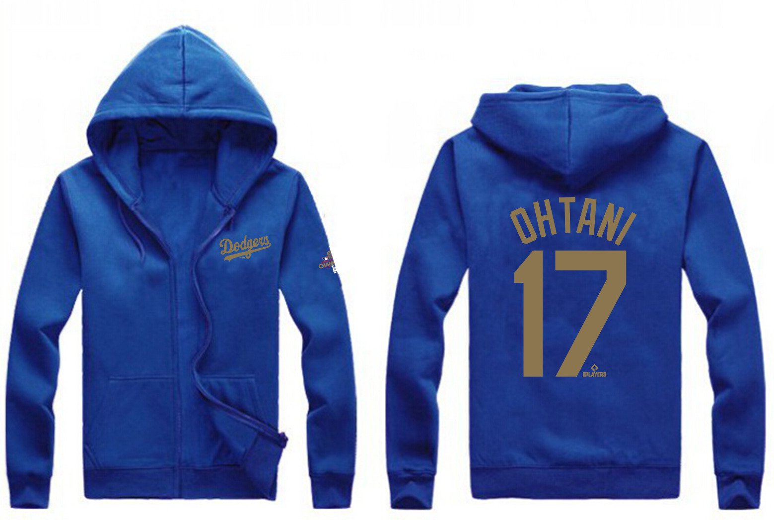 Men's Los Angeles Dodgers #17 Shohei Ohtani Royal Gold 2024 World Series Champions Full-Zip Hoodie