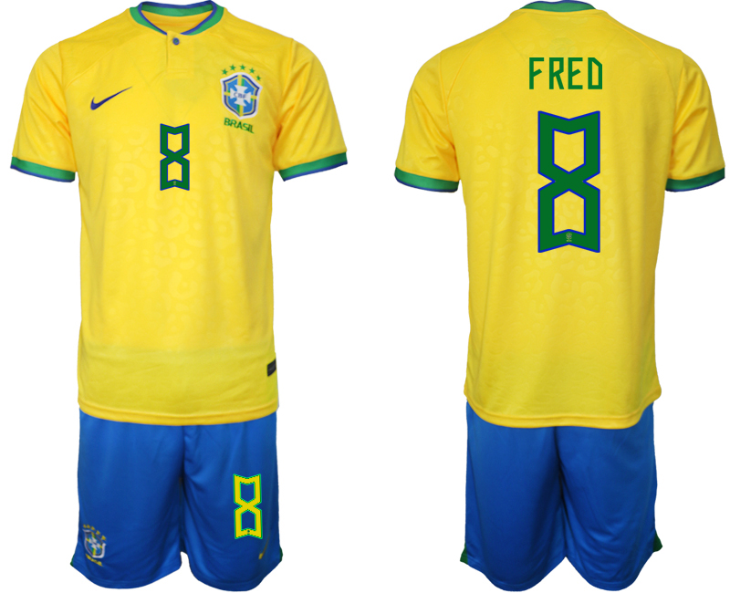 Men's Brazil #8 Fred Yellow 2022 FIFA World Cup Home Soccer Jersey Suit