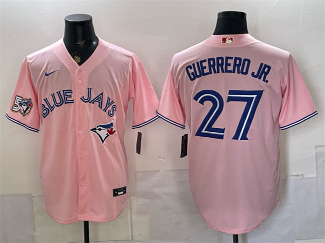 Men's Toronto Blue Jays #27 Vladimir Guerrero Jr. Pink 50 Seasons Patch Stitched Baseball Jersey