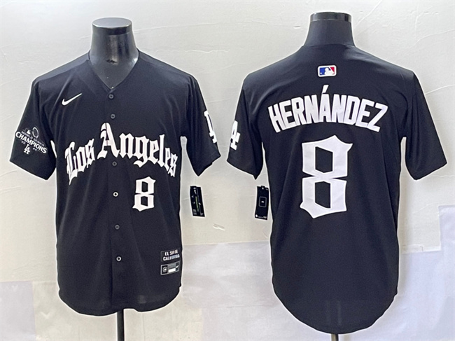 Men's Los Angeles Dodgers #8 Enrique Hernández Black Mexico 2025 LA Gothic Style With 2024 World Series Champions Patch Vapor Premier Limited Stitched Baseball Jersey Men's Los Angeles Dodgers #8 Enrique Hernández Black Mexico 2025 LA Gothic Style With 2024 World Series Champions Patch Vapor Premier Limited Stitched Baseball Jersey