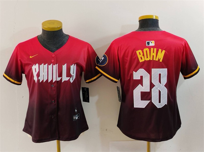 Women's Philadelphia Phillies #28 Alec Bohm Red 2024 City Connect Limited Stitched Baseball Jersey Women's Philadelphia Phillies #28 Alec Bohm Red 2024 City Connect Limited Stitched Baseball Jersey