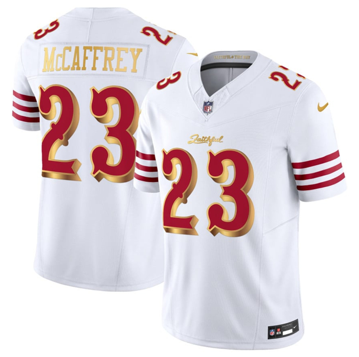 Women's San Francisco 49ers #23 Christian McCaffrey White Gold 2025 F.U.S.E. “Rivalries” Vapor Limited Stitched Football Jersey(Run Small)