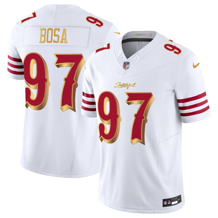 Women's San Francisco 49ers #97 Nick Bosa White Gold 2025 F.U.S.E. “Rivalries” Vapor Limited Stitched Football Jersey(Run Small)