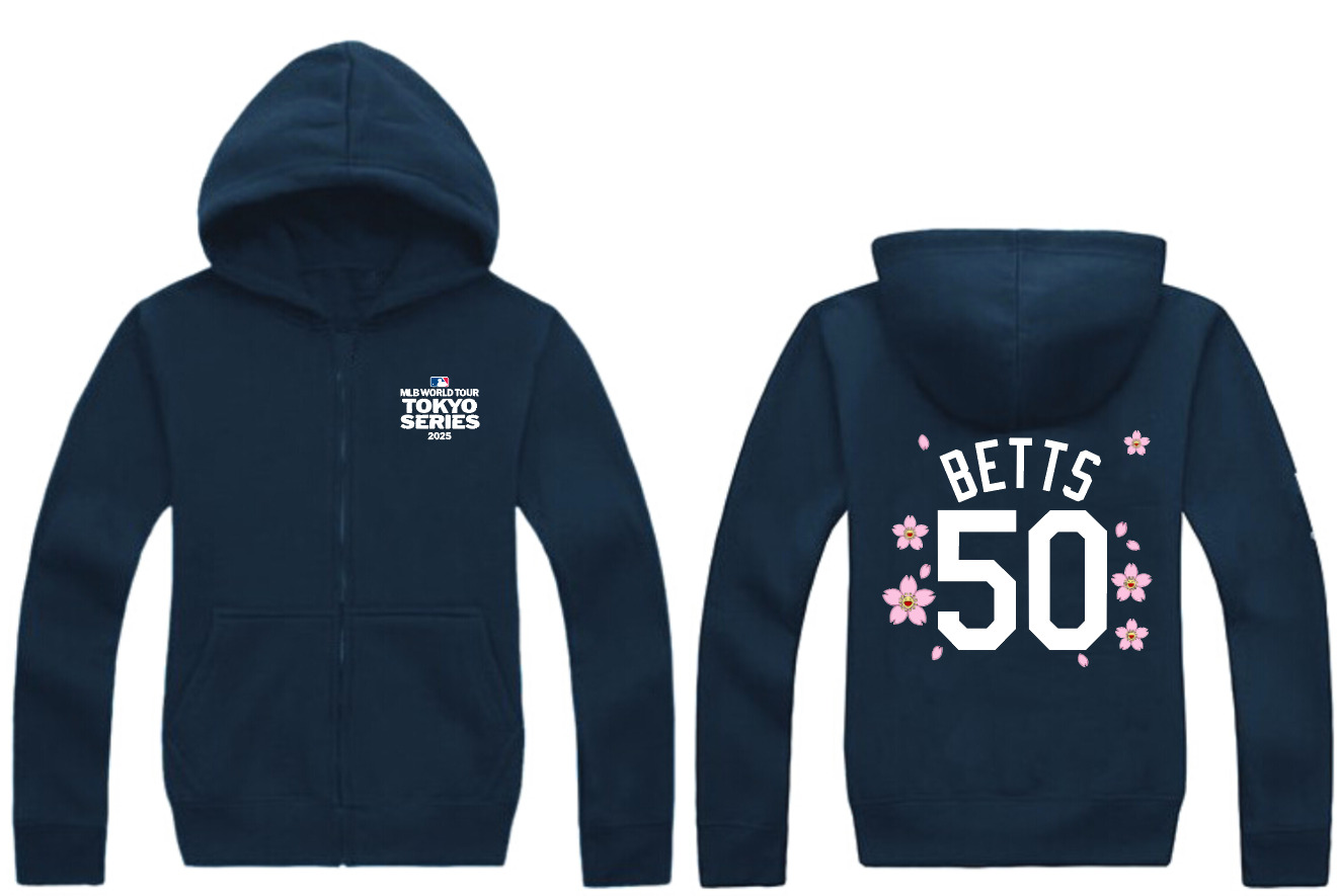 Men's Los Angeles Dodgers #50 Mookie Betts Navy 2025 Tokyo Series Full-Zip Hoodie