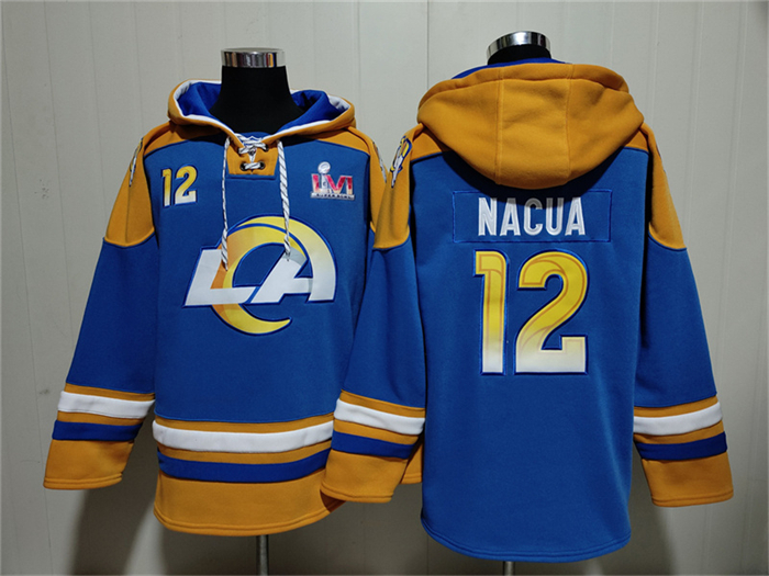 Men's Los Angeles Rams #12 Puka Nacua Blue Super Bowl LVI Ageless Must-Have Lace-Up Pullover Hoodie