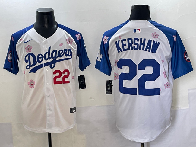 Men's Los Angeles Dodgers #22 Clayton Kershaw White/Royal 2025 Tokyo Series Limited Stitched Baseball Jersey