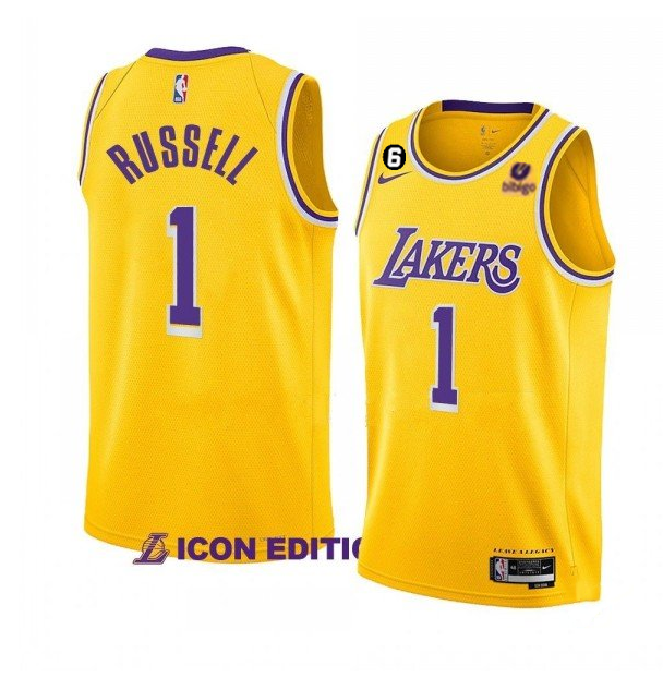Men's Los Angeles Lakers #1 D'Angelo Russell Yellow Icon Edition With NO.6 Patch Stitched Basketball Jersey Men's Los Angeles Lakers #1 D'Angelo Russell Yellow Icon Edition With NO.6 Patch Stitched Basketball Jersey