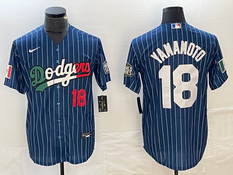 Men's Los Angeles Dodgers #18 Yoshinobu Yamamoto Blue Stripe 2023 Cool Base Stitched Baseball Jersey