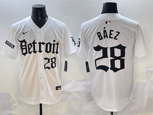 Men's Detroit Tigers #28 Javier Báez White 'Motor Gothic Edition' Vapor Premier Limited Stitched Baseball Jersey Men's Detroit Tigers #28 Javier Báez White 'Motor Gothic Edition' Vapor Premier Limited Stitched Baseball Jersey