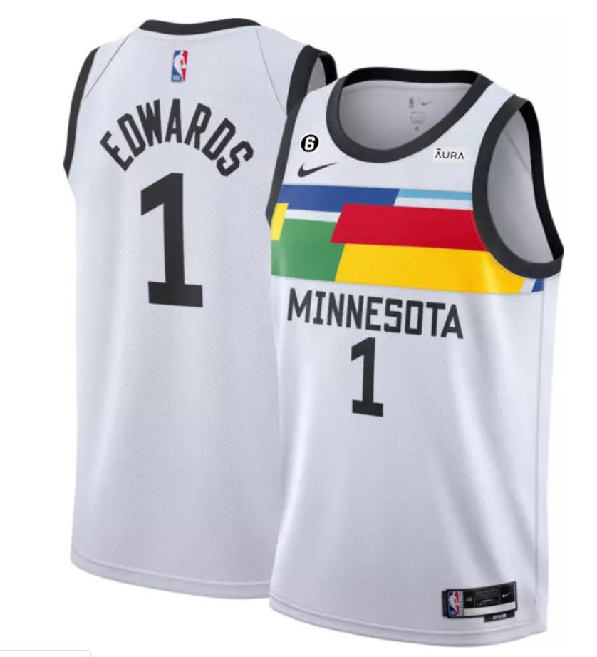 Men's Minnesota Timberwolves #1 Anthony Edwards White 2022/23 City Edition With NO.6 Patch Stitched Jersey