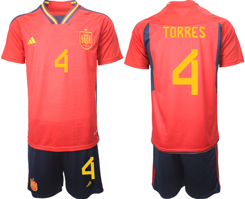 Men's Spain #4 Torres Red Home Soccer Jersey Suit