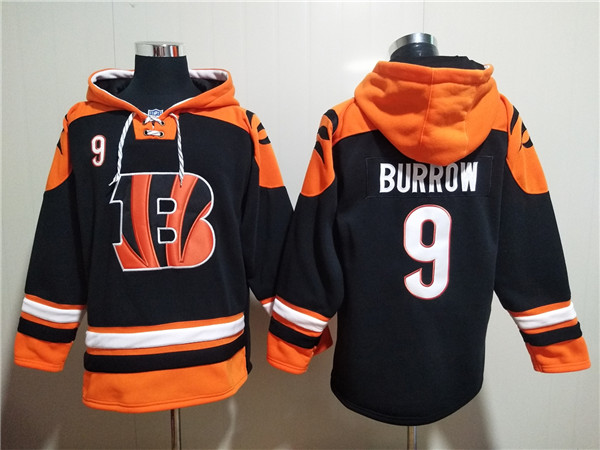 Men's Cincinnati Bengals #9 Joe Burrow Orange/Black Ageless Must-Have Lace-Up Pullover Hoodie