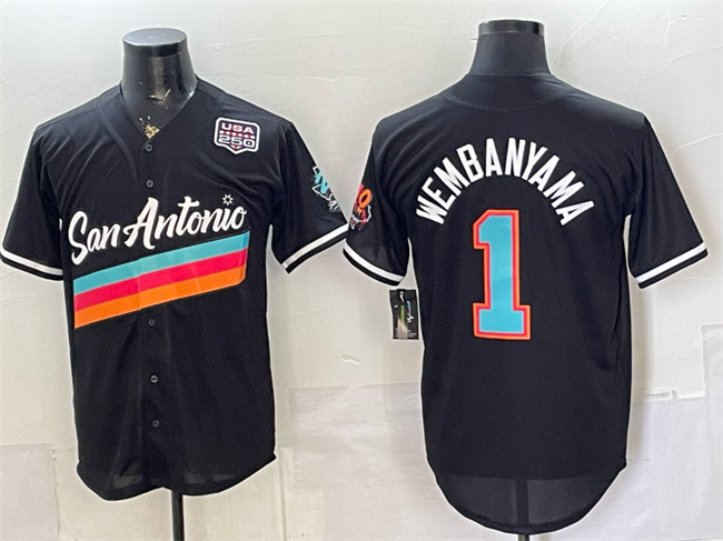 Men's San Antonio Spurs #1 Victor Wembanyama Black USA 250' Patch City Edition Stitched Baseball Jersey Men's San Antonio Spurs #1 Victor Wembanyama Black USA 250' Patch City Edition Stitched Baseball Jersey