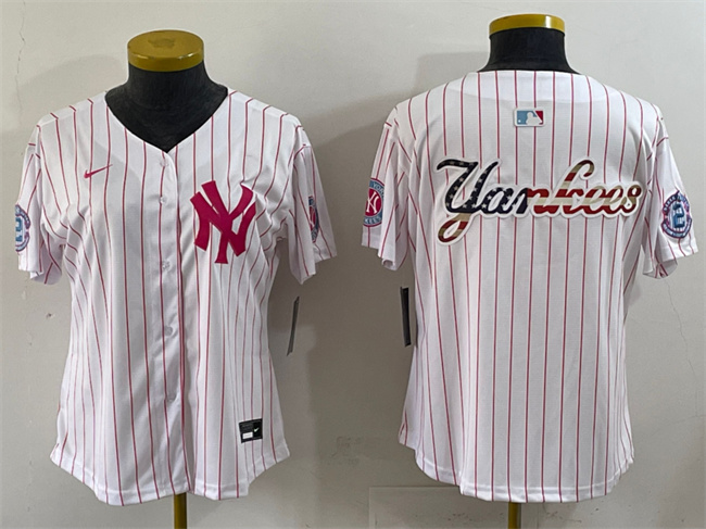 Youth New York Yankees Team Big Logo White/Pink Pinstripe Limited Stitched Baseball Jersey 005