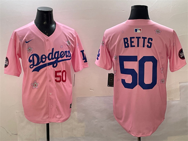 Men's Los Angeles Dodgers #50 Mookie Betts Pink 2025 Tokyo Series Limited Stitched Baseball Jersey Men's Los Angeles Dodgers #50 Mookie Betts Pink 2025 Tokyo Series Limited Stitched Baseball Jersey