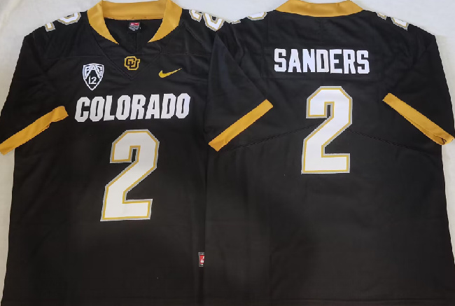 Men's Colorado Buffaloes #2 Shedeur Sanders Black With PAC-12 Patch Stitched Football Jersey