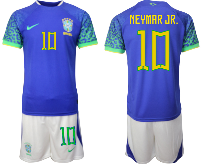 Men's Brazil #10 Neymar Jr Blue 2022 FIFA World Cup Away Soccer Jersey Suit