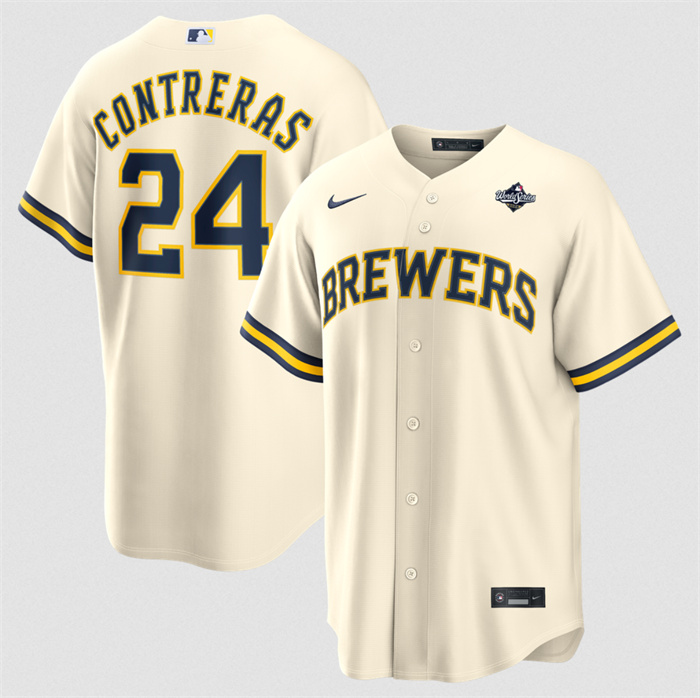 Men's Milwaukee Brewers #24 William Contreras Cream 2026 World Series Cool Base Stitched Baseball Jersey Men's Milwaukee Brewers #24 William Contreras Cream 2026 World Series Cool Base Stitched Baseball Jersey
