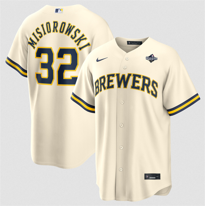 Men's Milwaukee Brewers #32 Jacob Misiorowski Cream 2026 World Series Cool Base Stitched Baseball Jersey Men's Milwaukee Brewers #32 Jacob Misiorowski Cream 2026 World Series Cool Base Stitched Baseball Jersey