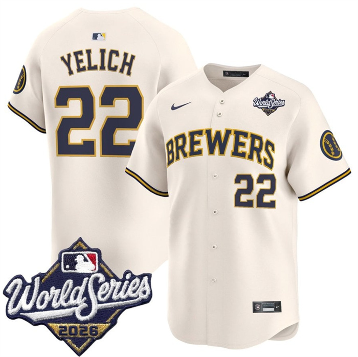 Men's Milwaukee Brewers #22 Christian Yelich Cream 2026 World Series Limited Stitched Baseball Jersey