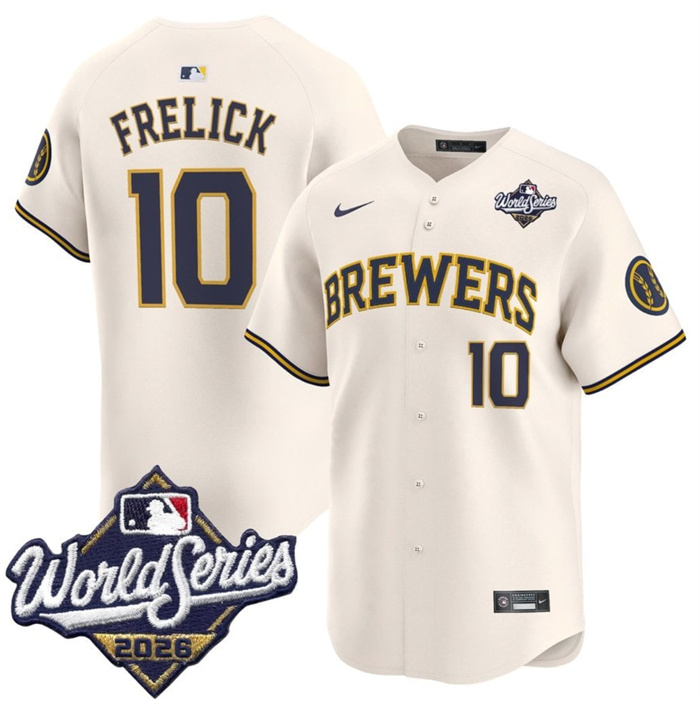 Men's Milwaukee Brewers #10 Sal Frelick Cream 2026 World Series Limited Stitched Baseball Jersey Men's Milwaukee Brewers #10 Sal Frelick Cream 2026 World Series Limited Stitched Baseball Jersey