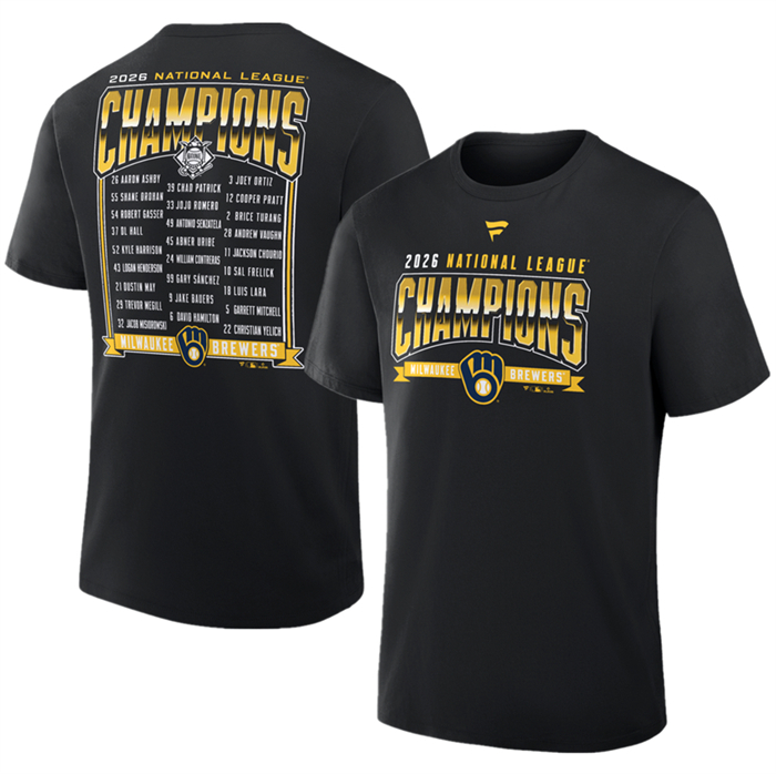 Men's Milwaukee Brewers Black 2026 National League Champions Roster T-Shirt