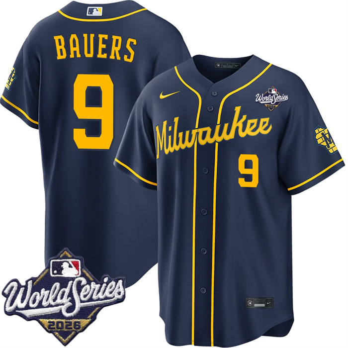 Men's Milwaukee Brewers #9 Jake Bauers Navy 2026 World Series Stitched Baseball Jersey Men's Milwaukee Brewers #9 Jake Bauers Navy 2026 World Series Stitched Baseball Jersey