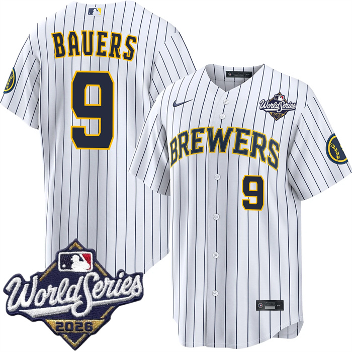 Men's Milwaukee Brewers #9 Jake Bauers White 2026 World Series Stitched Baseball Jersey