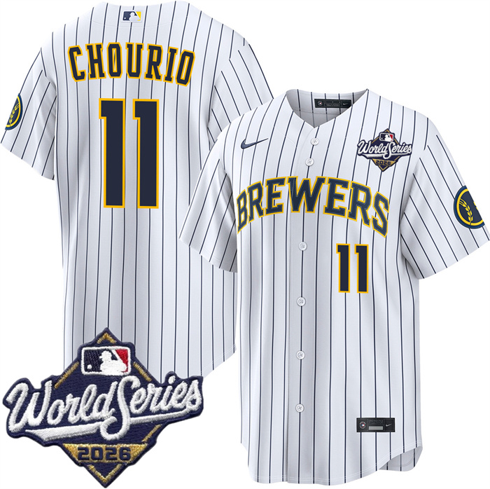 Men's Milwaukee Brewers #11 Jackson Chourio White 2026 World SeriesStitched Baseball Jersey