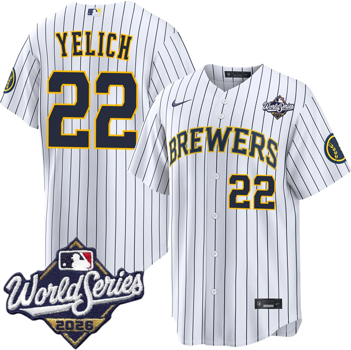 Men's Milwaukee Brewers #22 Christian Yelich White 2026 World Series Stitched Baseball Jersey Men's Milwaukee Brewers #22 Christian Yelich White 2026 World Series Stitched Baseball Jersey