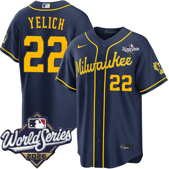Men's Milwaukee Brewers #22 Christian Yelich Navy 2026 World Series Stitched Baseball Jersey