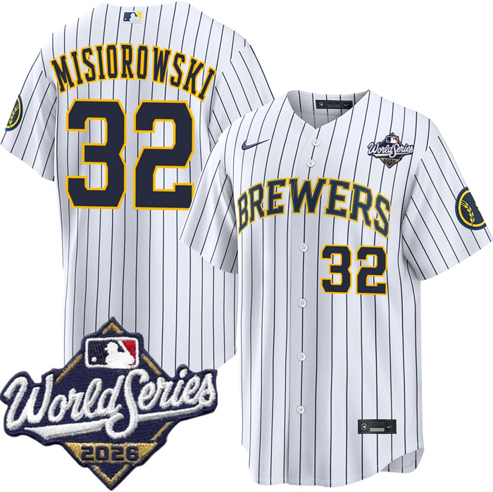 Men's Milwaukee Brewers #32 Jacob Misiorowski White 2026 World Series Stitched Baseball Jersey