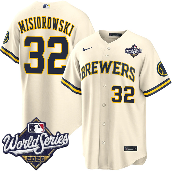 Men's Milwaukee Brewers #32 Jacob Misiorowski Cream 2026 World Series Stitched Baseball Jersey