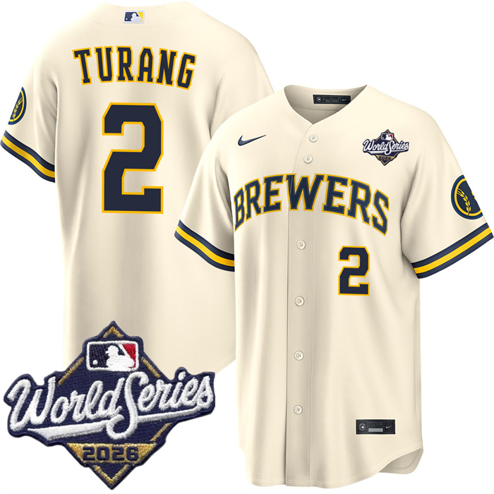 Men's Milwaukee Brewers #2 Brice Turang Cream 2026 World Series Stitched Baseball Jersey