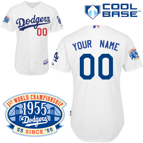 Dodgers Personalized Authentic White w/1955 World Series Anniversary Patch MLB Jersey (S-3XL)