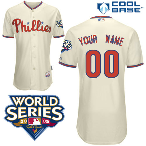 Phillies Personalized Authentic Cream w/2009 World Series Patch Cool Base MLB Jersey (S-3XL)