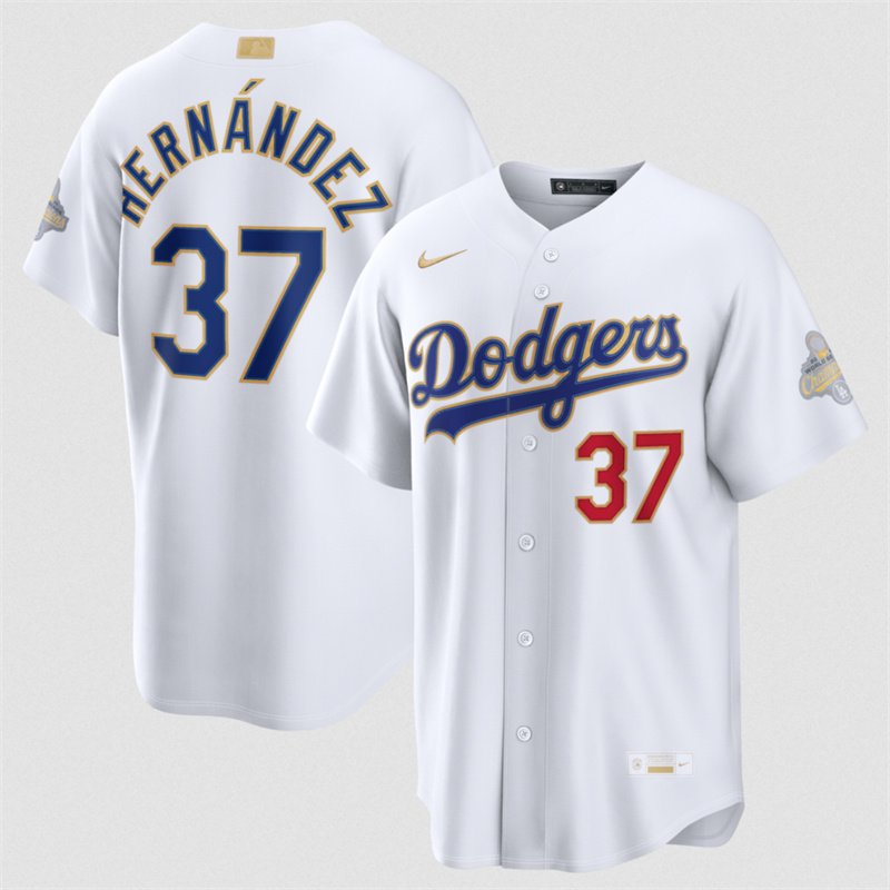 Men's Los Angeles Dodgers #37 Teoscar Hernández White 2026 Gold Collection Stadium Stitched Baseball Jersey Men's Los Angeles Dodgers #37 Teoscar Hernández White 2026 Gold Collection Stadium Stitched Baseball Jersey