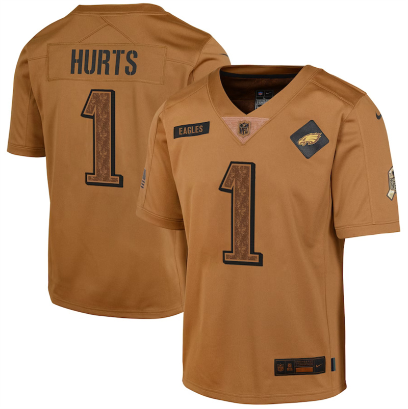 Youth Philadelphia Eagles #1 Jalen Hurts 2023 Brown Salute To Service Limited Stitched Football Jersey