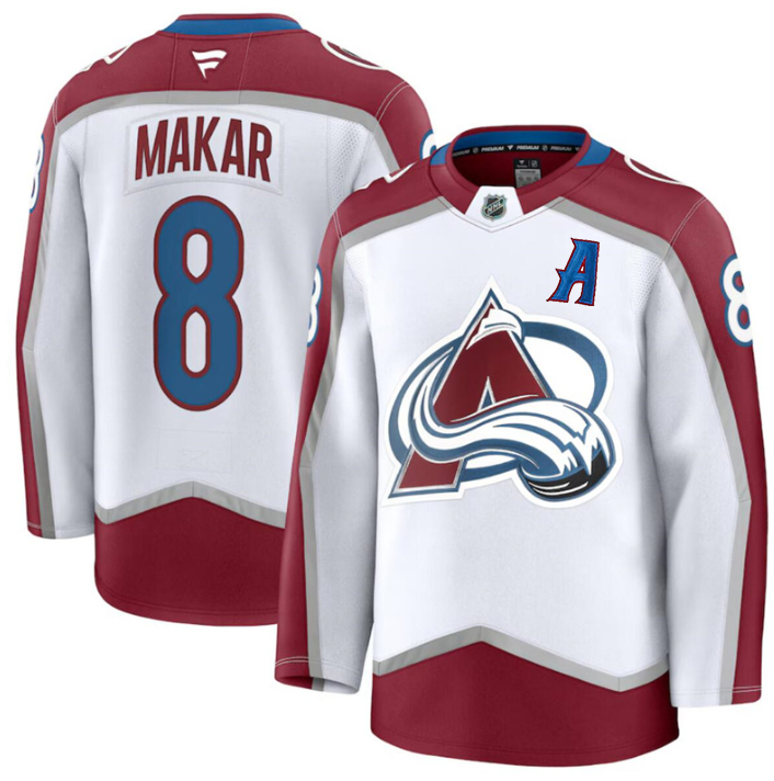 Men's Colorado Avalanche #8 Cale Makar White with A Patch 2024-25 Away Stitched Jersey