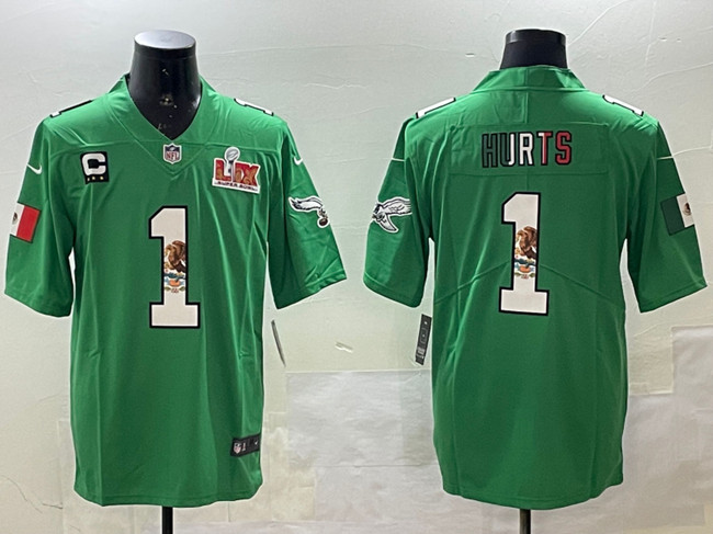 Men's Philadelphia Eagles #1 Jalen Hurts Green Mexico 2025 Super Bowl LIX Patch And 3-star C Patch Vapor Untouchable Limited Stitched Football Jersey Men's Philadelphia Eagles #1 Jalen Hurts Green Mexico 2025 Super Bowl LIX Patch And 3-star C Patch Vapor Untouchable Limited Stitched Football Jersey