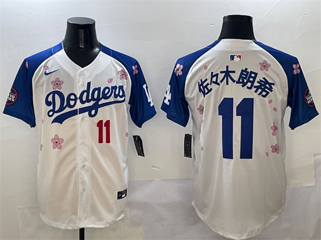 Men's Los Angeles Dodgers #11 佐々木朗希 White/Royal 2025 Tokyo Series Limited Stitched Baseball Jersey