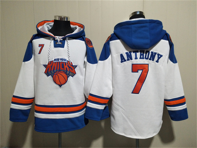 Men's New Yok Knicks #7 Carmelo Anthony White Lace-Up Pullover Hoodie Men's New Yok Knicks #7 Carmelo Anthony White Lace-Up Pullover Hoodie
