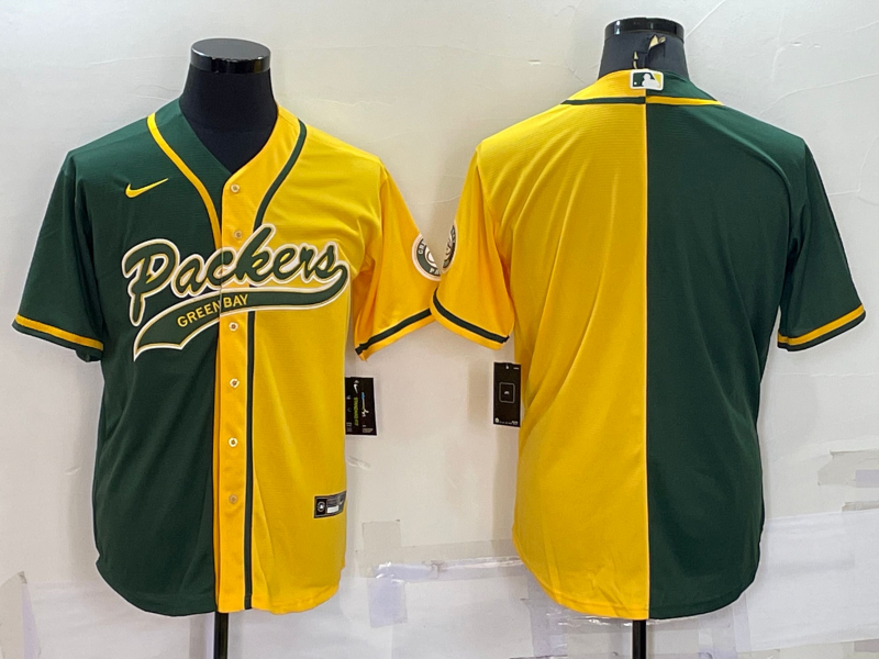 Men's Green Bay Packers #12 Aaron Rodgers Green/Yellow Split With Patch Cool Base Stitched Baseball Jersey