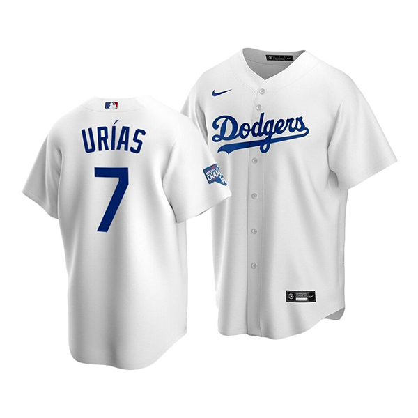 Men's Los Angeles Dodgers #7 Julio Urias White 2020 World Series Champions Home Patch Cool Base Stitched MLB Jersey